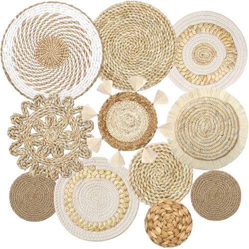 LOMOHOO Set of 11 Boho Wall Basket Decor Wicker Woven Wall Basket Decorations Bohemian Handcrafted Round Basket Hanging decor Bulrush Wall Art Decors for Living Room Rustic Home - color: Bohemian