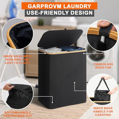 GARPROVM Double Laundry Hamper with Lid 150L Large Laundry Basket with Bamboo Handles Foldable Clothes Hampers with 2 Removable Liner Bags for Laundry for Bedroom Bathroom Dorm Laundry Room, Black - color: Black