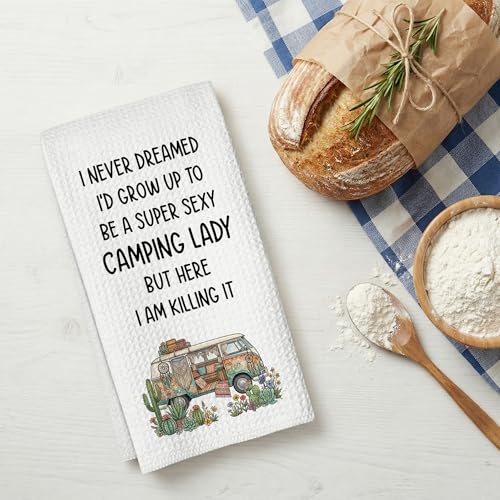 Camping Kitchen Towels 16x24 Waffle Weave, I Never Dreamed I’d Grow Up to Be a Super Sexy Camping Lady Dish Towels, Camp RV Gifts for Women, Gifts for Campers -A04 - color: Camping_04