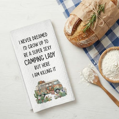 Camping Kitchen Towels 16x24 Waffle Weave, I Never Dreamed I’d Grow Up to Be a Super Sexy Camping Lady Dish Towels, Camp RV Gifts for Women, Gifts for Campers -A04 - color: Camping_04