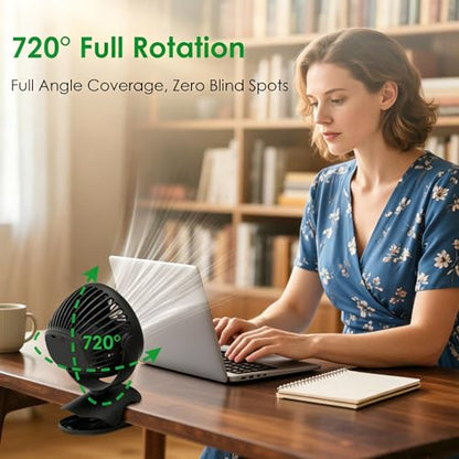 Minthouz Clip on Fan, 8000mAh USB-C Rechargeable Small Desk Fan, 4-Speed 720° Rotation Personal Mini Clip Fan, Portable Mount Fan for Office, Treadmill, Golf Cart, Stroller, Camping & Travel