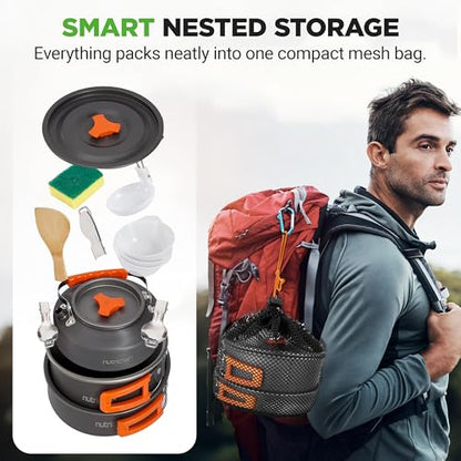 NutriChef Camping Cookware Set - Lightweight Nonstick Pots, Pans, Utensils, Bowls, Cutlery, and Cleaning Tools with Mesh Bag, Foldable Handles, Compact Outdoor Cooking Gear for Hiking & Travel (Grey)