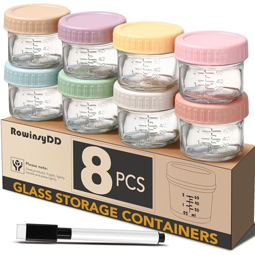 RowinsyDD 8 Pack Glass Baby Food Storage Containers, 2 oz Leakproof Baby Food Jars with Lids, Small Glass Food Containers for Infant Baby, Freezer Safe - size: 8P