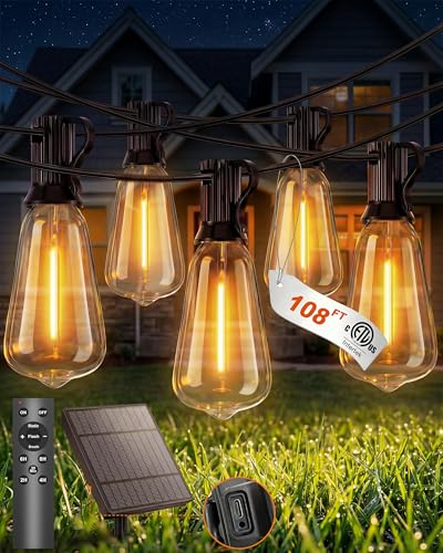 Outdoor String Lights Solar Powered, 108FT Dimmable Solar Patio Lights with Remote & 31 ST38 LED Shatterproof Bulbs, IP65 Waterproof, Dusk to Dawn Outdoor Lights for Backyard, Balcony, Party - size: 108FT (30Bulbs)
