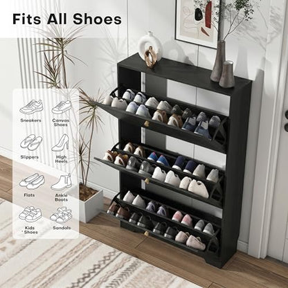 Nicetree Shoe Cabinet with 3 Flip Drawers, Narrow Shoe Organizer Cabinet, Freestanding Shoe Rack Cabinet, Modern Shoe Storage Cabinet for Entryway, Hallway, Foyer, Black with Hook - color: Black, style: 3-Drawers with Hook