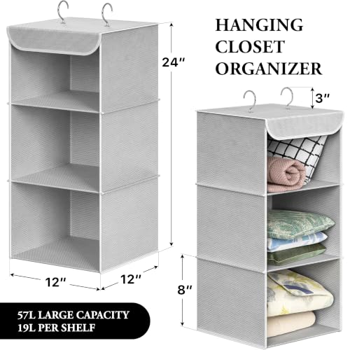 Simple Houseware 3-Shelf Hanging Closet Organizer, Fabric Storage Shelves with 57L Capacity, Gray - color: Grey