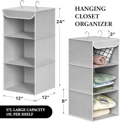 Simple Houseware 3-Shelf Hanging Closet Organizer, Fabric Storage Shelves with 57L Capacity, Gray - color: Grey