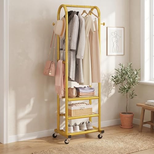 Dttwacoyh Metal Clothing Rack with Wheels and Hanging Hooks,Narrow Coat and Shoe Rack,Small Hall Tree,for Small Space, Bedroom, entryway, Walk-in Closet, Laundry Room-Gold - color: Gold