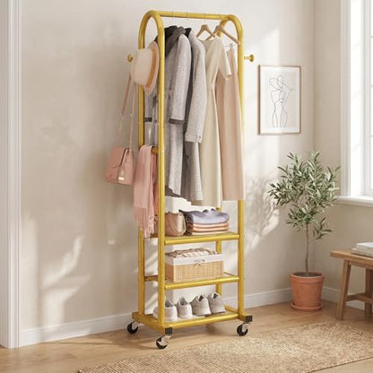 Dttwacoyh Metal Clothing Rack with Wheels and Hanging Hooks,Narrow Coat and Shoe Rack,Small Hall Tree,for Small Space, Bedroom, entryway, Walk-in Closet, Laundry Room-Gold - color: Gold