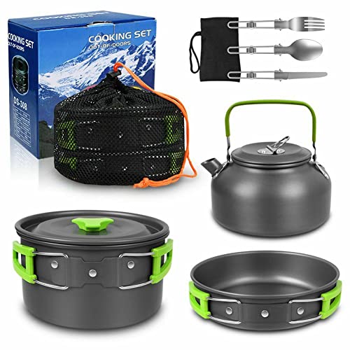 8Pcs Set Camp Cookware Camping Cooking Portable Mess Kit Backpacking Gear Non-Stick Pot Kettle Camping Pots and Pans Chopping Board Folding Tableware for Camping Hiking Picnic
