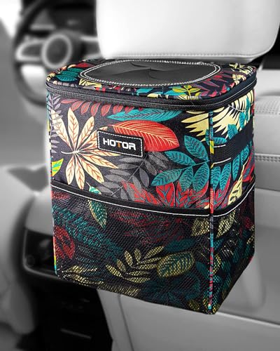 HOTOR Car Trash Can with Lid and Storage Pockets - 100% Leak-Proof Organizer, Waterproof Garbage Can, Multipurpose Trash Bin for Car, 2 Gallons, Autumn Leaves - color: S1 Printed Leaves, size: 2 Gallons