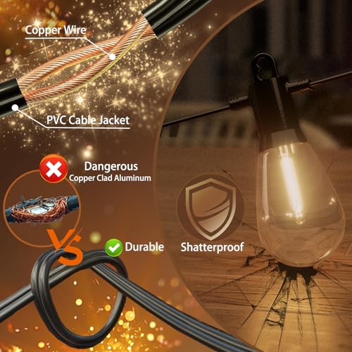 Outdoor String Lights 50FT, Commercial Grade Patio Lights with 16 (15+1) S14 Shatterproof Dimmable Bulbs for Bistros Backyard Porch Party, IP65 Waterproof 2700K Warm White (dimmers not included) - color: 50FT-16Bulb