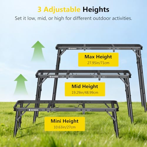 Raynesys Tri-fold Camping Table, 35.43"x15.75", Aluminum Frame Folding Tables, 3 Heights Adjustable Grill Table with Storage Bag, Portable Handle for Picnic Cooking BBQ Camping Outdoor, Black - size: 35.43 x 15.75 x 27.95 inch