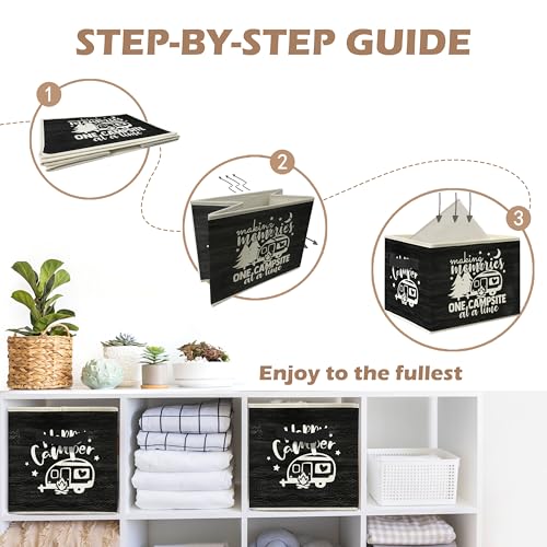 Rustic Camping Camper Storage Bin Box with Handles, Making Memories One Campsite at a Time Foldable Linen Fabric Laundry Basket for Home Bedroom Bathroom Clothes Toys Books(Black) - color: Black