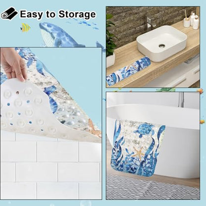 Topotdor Baby Bathtub Mat Non Slip for Kids, 40 X 16 Inch Cute Cartoon Bath Tub Shower Mat Anti Slip with Suction Cups & Drain Holes, Nautical Sea Turtles - color: Nautical Sea Turtles
