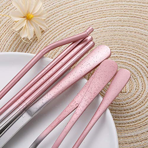 Travel Utensils,Reusable Silverware Set To Go Portable Cutlery Set with a Waterproof Carrying Case for Lunch Boxes Workplace Camping Picnic (GraPink) - color: Gradient Pink + TeaSpoon