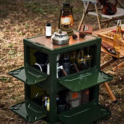 Foldable storage box, plastic campsite with wooden lids, storage tank with 50 lane and casters 50L, for camping, car trunk (OD Green) - color: OD Green