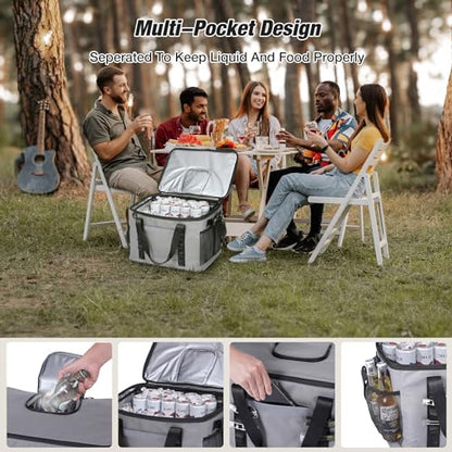 WARMOUNTS Insulated Cooler Bag 48/75 Cans, Soft Sided Portable Lunch Bag Coolers w/Zippered Top, Leak Proof PVC Interlayer, 5-Layer Insulation Large Ice Chest Bag for Travel, Camping, Beach, Picnic - color: Gray