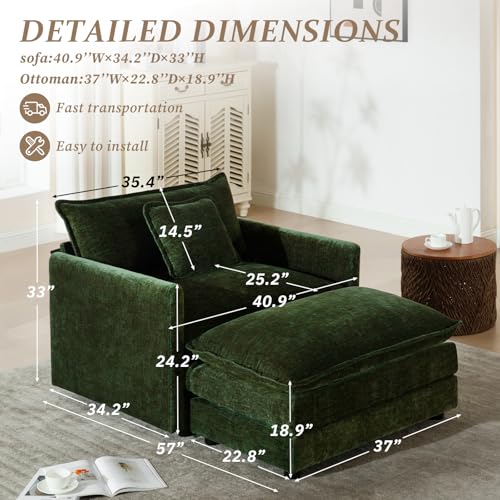 SoarFlash Chenille Sectional Sofa, Comfy Modular Single Sofa with Ottoman, Modern Recliner Deep Seat Sofa Set for Living Room,Green - color: Green, size: 1 Seat+1 Ottoman