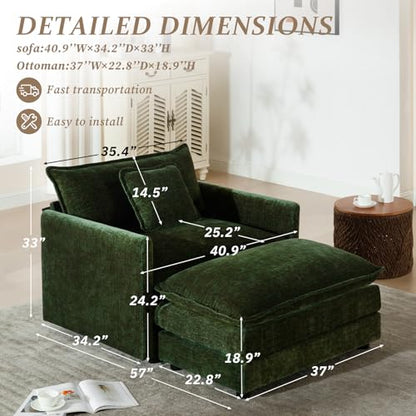 SoarFlash Chenille Sectional Sofa, Comfy Modular Single Sofa with Ottoman, Modern Recliner Deep Seat Sofa Set for Living Room,Green - color: Green, size: 1 Seat+1 Ottoman