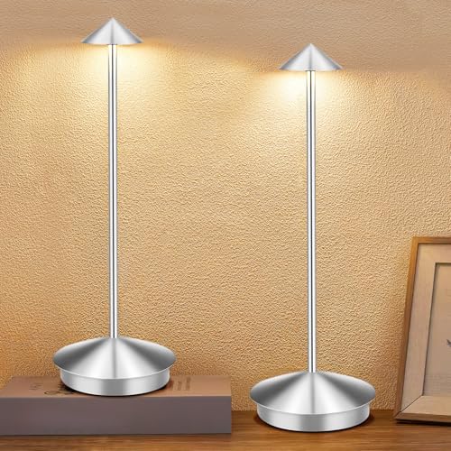 Portable Led Cordless Lamp Table Light 2 Pack, Rechargeable 6000mAh Battery Outdoor Table Lamp for Dinning Restaurant Patio Bedroom Camping, IP54 Waterproof, Dimmable - color: Silver 2pcs