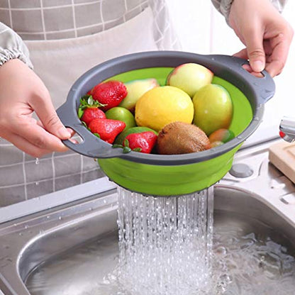 QiMH Collapsible Colander Set of 3-2 PC 4 Quart and 1 PC 6 Quart Over the Sink Colander - Food-Grade Sturdy Plastic Base - Round Space-save Silicone Kitchen Foldable Food Strainer - color: blue,orange,green