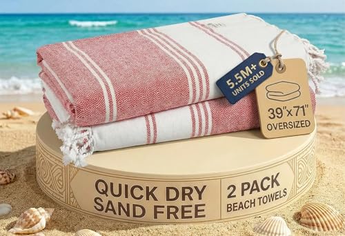 LANE LINEN Turkish Beach Towel 2 Pack, Oversized Beach Towel 39"x71", Lightweight Beach Essentials for Women, Large Pool Towel, Absorbent & Quick Dry, Sand Free Beach Towel - Hibiscus - color: 38: Hibiscuss, size: Pack of 2