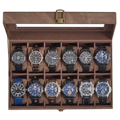 SONGMICS Watch Box, 12-Slot Watch Case Organizer with Large Glass Lid, Removable Pillows, Fathers Day Gift for Dad, Coffee Brown Synthetic Leather, Coffee Brown Lining UJWB120KQ01S - color: Brown + Brown, size: 12 Slot