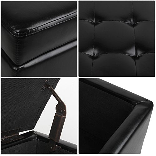 H&B Luxuries Tufted Leather Square Flip Top Storage Ottoman Cube Foot Rest (Black) - color: Black