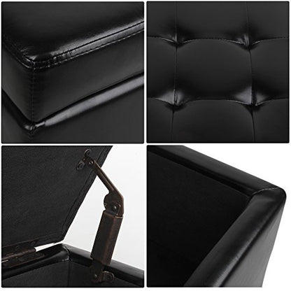 H&B Luxuries Tufted Leather Square Flip Top Storage Ottoman Cube Foot Rest (Black) - color: Black