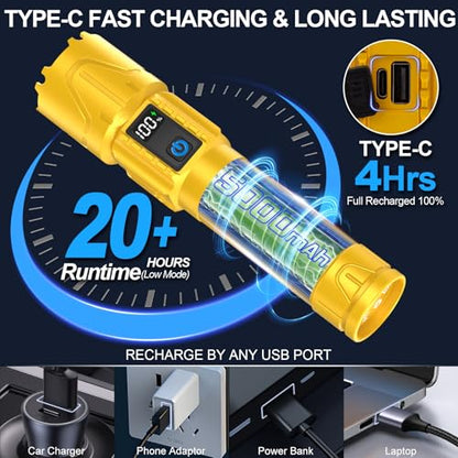 Banral Rechargeable Tactical Flashlights 2000 High Lumens - 5000mAh Super Bright LED Powerful Flash Light, Waterproof Handheld USB C Flashlight for Home,Car,Camping,Emergencies,5 Modes (1, Gold) - color: Gold