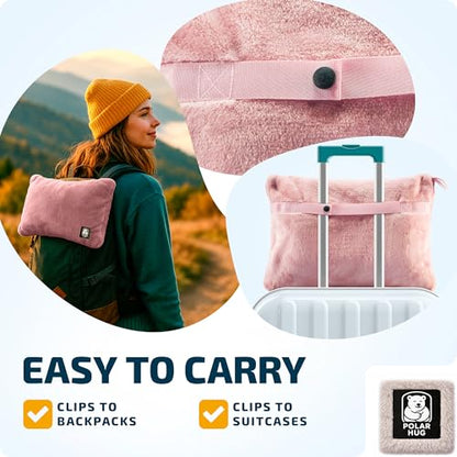 Travel Blanket and Pillow Set — Airplane Blanket with Inflatable Pillow and Cotton Case, Compact Travel Blanket with Back-Neck Snaps for Long Flights - color: Pink Set, size: 64x43''