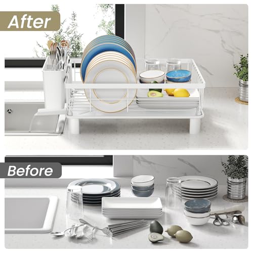 SNTD Dish Drying Rack - Small Dish Rack for Kitchen Counter, Stainless Steel Dish Drainer with Utensil Holder and Drainboard, 11" W x 15" L (White) - color: White, size: 11" W x 15" L