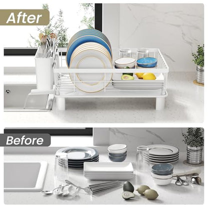SNTD Dish Drying Rack - Small Dish Rack for Kitchen Counter, Stainless Steel Dish Drainer with Utensil Holder and Drainboard, 11" W x 15" L (White) - color: White, size: 11" W x 15" L