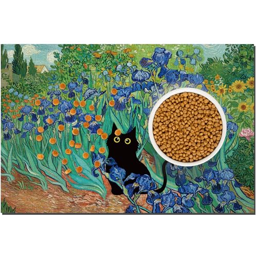 Black Cat Pet Feeding Mat, Absorbent Dog/Cat Food Mat for Food and Water Bowl, Non-Slip Quick Dry Pet Placemat Floor Protector for Messy Drinkers(16 x 24 in) - color: Black Cat, size: 16"L x 24"W