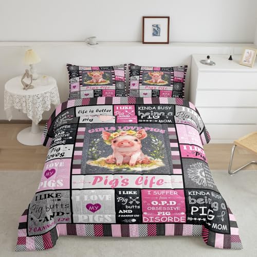 Feelyou Black Pink Pig Comforter Set - King Size Kids Cartoon Cute Bedding Set - Geometric Comforter for Women Men - Pig Lovers Quilt Set - color: Multi 06, size: King