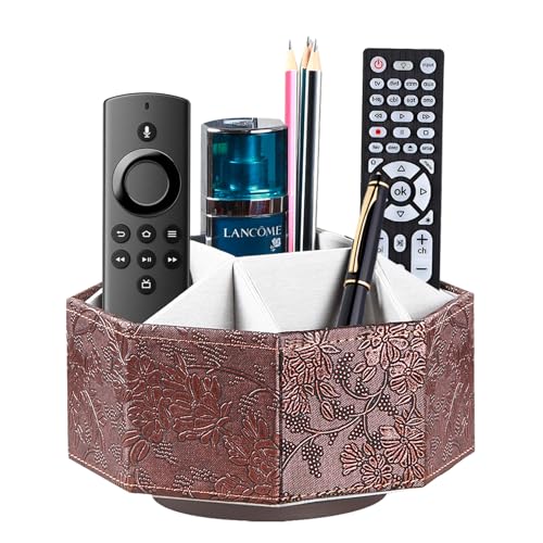 Remote Control Holder, Swivel 9 Rooms Desk Organizer and Decorations for Living Room, Leather Bedside Storage Caddy for TV Controllers/ Makeup Brush Pen/ Office Stationery/ Art Supplies/ Eyeglasses - color: Retro Embroidery