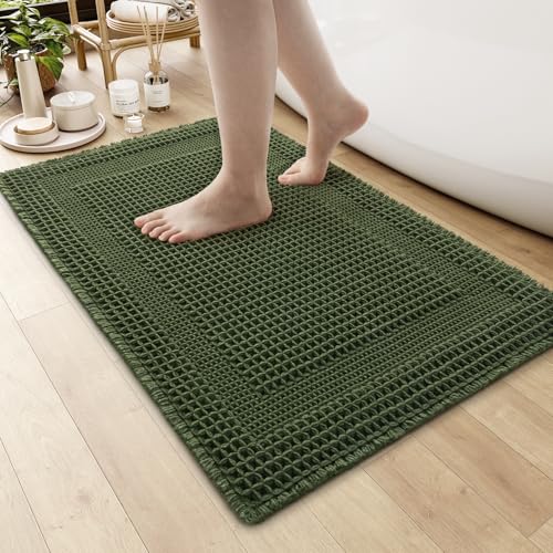 AMOAMI Waffle Bath-Mat, Absorbent Bath Mats for Bathroom Non Slip, Machine Washable Bathroom Rugs with Tassels Ultra Soft Boho Bath Rugs for Floor 18"x30" Dark Green - color: Dark Green, size: 18"x30"