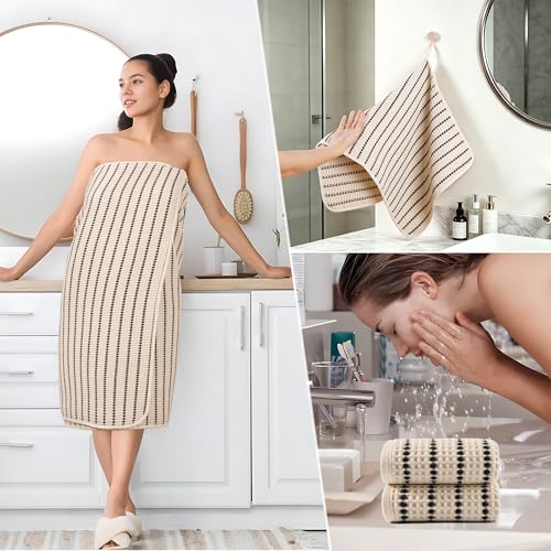 POLYTE 430 GSM Microfiber Quick Dry Lint Free Oversize Bath Towel Set, 6 Piece (Waffle Weave) - color: Light Beige/Black