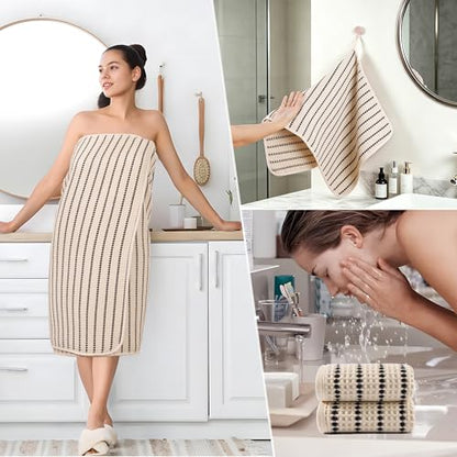 POLYTE 430 GSM Microfiber Quick Dry Lint Free Oversize Bath Towel Set, 6 Piece (Waffle Weave) - color: Light Beige/Black