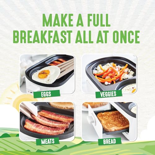 GreenLife 3-in-1 Breakfast Maker Station, Healthy Ceramic Nonstick Dual Griddles for Eggs Meat Sausage Bacon Pancakes and Breakfast Sandwiches, 2 Slice Toast Drawer, Easy-to-use Timer, White - color: White