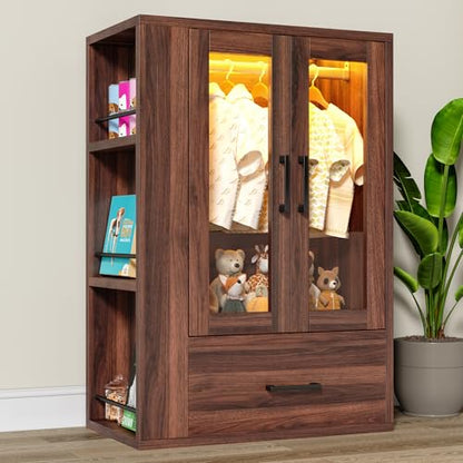 kepptory Pet Wardrobe Closet with LED Light, Side Storage Shelves & Drawer, Walnut Pet Clothes Organizer Cabinet with Hanging Rod, Multi-Functional Pet Closet for Dogs & Cats Clothing, Toys | Walnut Pet Clothes Organizer Cabinet with Hanging Rod, Multi-Fu