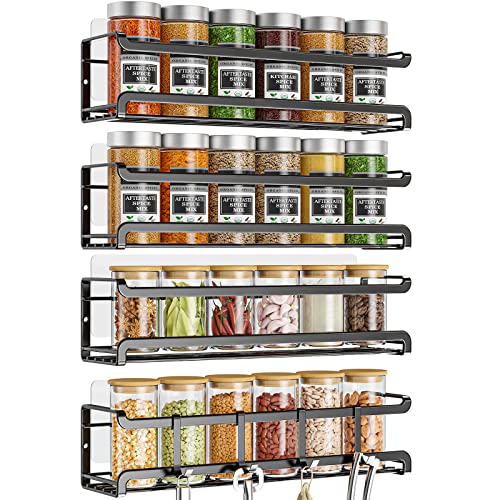 Bunoxea Spice Rack Wall Mounted 4 Pack, Black,For Spice Jars & Seasonings | 4 Removalble Hooks,Screw or Adhesive Hanging, Space-Saving,For Kitchen Cabinet, Pantry Door,Stove,RV Use,11.41x2.75x2.75in - color: Black, size: 4Pack