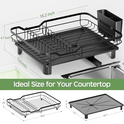 ROTTOGOON Dish Drying Rack, Stainless Steel Rustproof Dish Rack for Kitchen Counter, Sturdy Dish Drainer with Drainboard, Drainage, Utensil Holder for Various Kitchenware, 16.2"(L) x 12.6"(W), Black