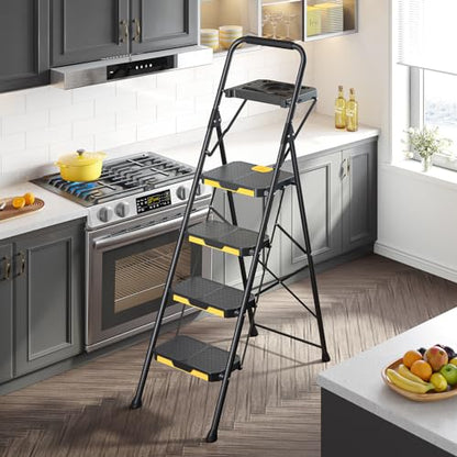 KINGRACK 4 Step Ladder with Tool Platform, Folding Step Stool with Wide Pedal, Safety Locking, Sturdy Steel Ladder Portable Safety Ladder for Painting Home Outdoor Garage - size: 4-Step with Tool Platform