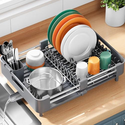 TOOLF Dish Drying Rack for Kitchen Counter, Extendable Dish Rack with Drainboard, Expandable Dish Drainer, Collapsible Dish Strainer with Cutlery Holder, Foldable Countertop Plate Rack, Light Gray - color: Light Gray