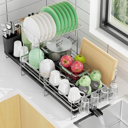 Large 2 Tier Dish Drying Rack, Extendable Dish Rack, Stainless Steel Anti-Rust Dish Rack for Kitchen Counter, Multifunctional Dish Drainer with Utensil & Cup Holder, 13.4"-28.7" L x 11.8" W - color: Silver, size: 2 Tier