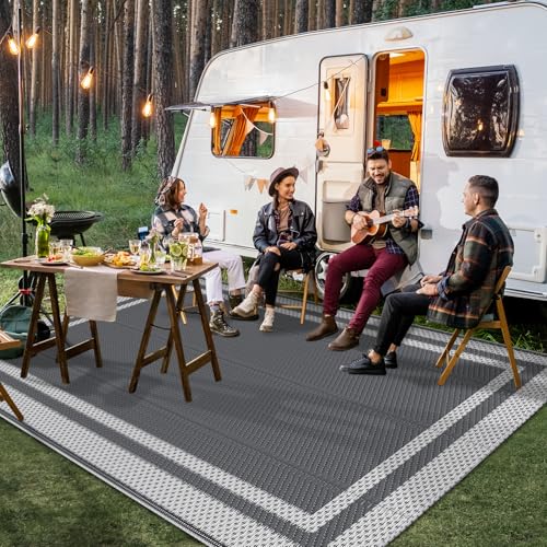 HappyTrends Outdoor Rug Reversible Portable Plastic Straw Camping Rugs for Outside RV,Large Waterproof Outdoor Area Rugs for Patio,Deck,Porch,Balcony(5'x 8',White&Gray) - size: 5' x 8' (Rectangular)