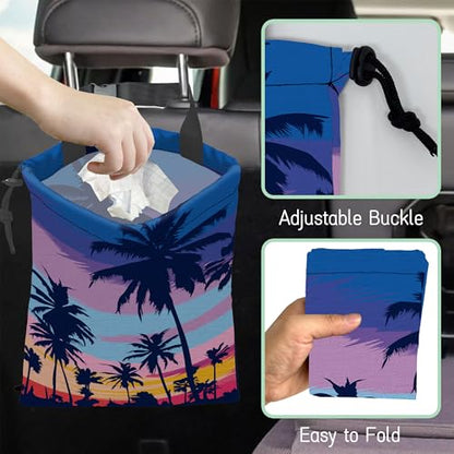 Palm Trees Car Garbage Bag,Sunset Waterproof Small Car Trash Bag Hanging Back of Seat,Drawstring Hanging Car Trash Bag with Adjustable Buckle for Car Accessories - color: Palm Trees