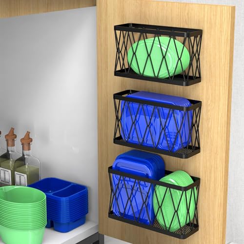 YIGII 3 Pack Adhesive Cabinet Organizer - Wall Mounted Pantry Door Organizer Bin Holder for Tupperware Lid Kitchen Wall Under Sink Basket Slim Space Black Stainless Steel - color: Black, size: 3 Pack